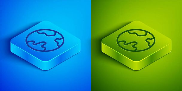 Isometric line Worldwide icon isolated on blue and green background. Pin on globe. Square button. Vector. - Wektor, obraz