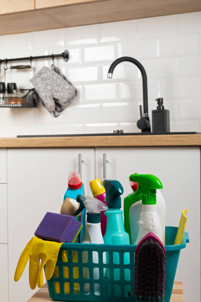 Colorful cleaning products in the kitchen - Photo, image