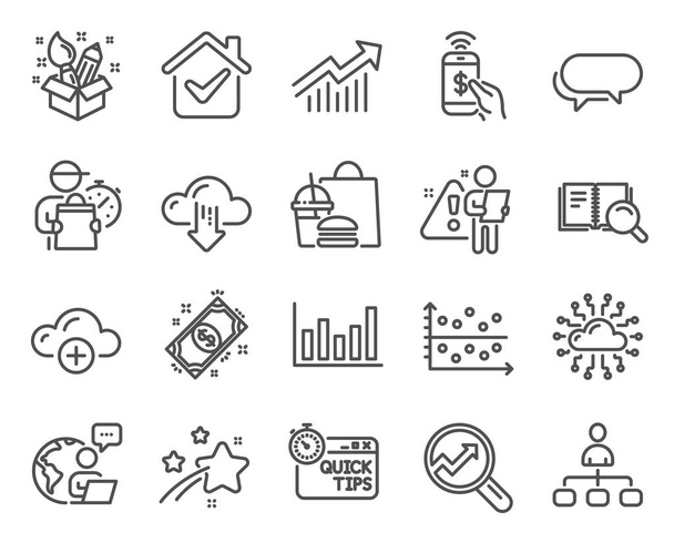 Education icons set. Included icon as Creativity, Quick tips, Cloud computing signs. Demand curve, Management, Dot plot symbols. Phone payment, Column chart, Cloud network. Analytics. Vector - Vettoriali, immagini