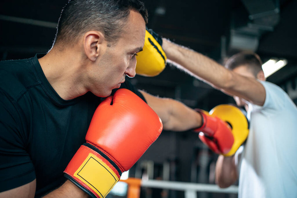 two muscle boxers sport man training and fighting on boxing ring at gym - Φωτογραφία, εικόνα