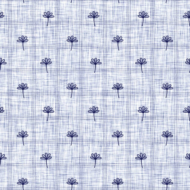 藍青の葉のブロックプリントリネンの質感の背景を染め。シームレスに織られた日本の繰り返しバティックパターンウォッチ。花は有機的に悩ましいぼかしブロックプリントを残します。織物の上に装飾的な布. - 写真・画像