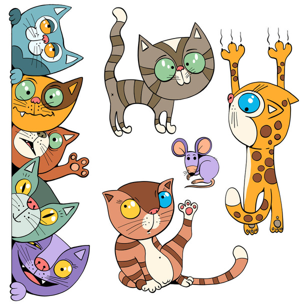 Vektor illusztráció. Vicces rajzfilm. Vidám tömeg sokszínű macskák, hogy néz ki a keret. Elszigetelt állatok. Függőleges vagy vízszintes nyomtatás. - Vektor, kép