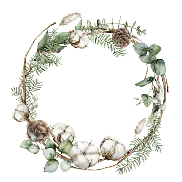 Αδιάβροχο Χριστουγεννιάτικο στεφάνι με κλαδιά ελάτης, βαμβάκι και λαγκούρους. Χειροποίητο πλαίσιο διακοπών με φυτά που απομονώνονται σε λευκό φόντο. Floral εικονογράφηση για σχεδιασμό, εκτύπωση, ύφασμα ή φόντο. - Φωτογραφία, εικόνα