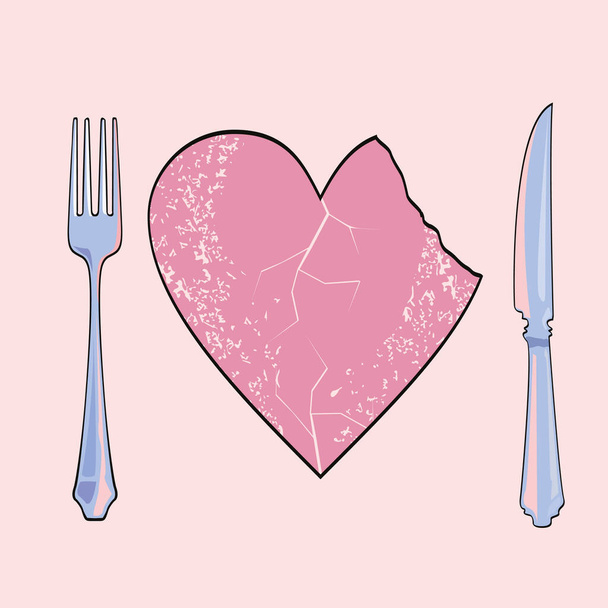 Векторная иллюстрация розового сердца с ножом и вилкой. Метафорический образ романтического ужина. - Вектор,изображение