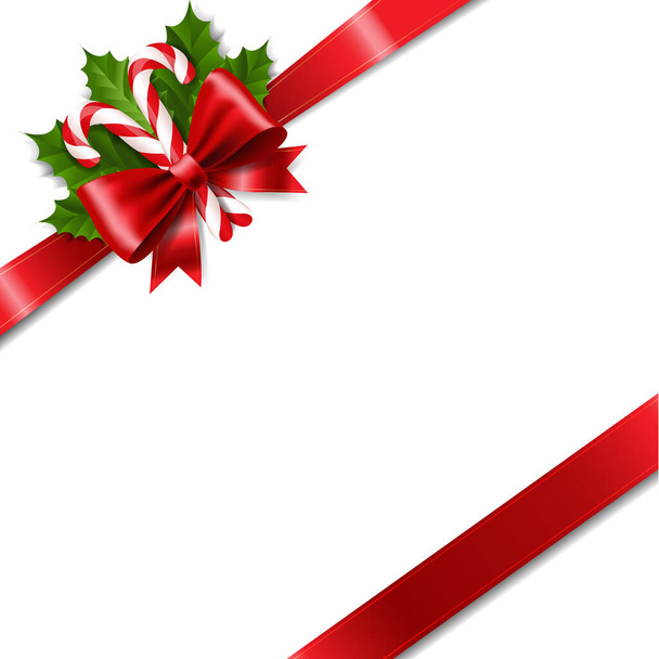 Christmas Ribbon Bow With Holly Berry Red Background - Vektori, kuva