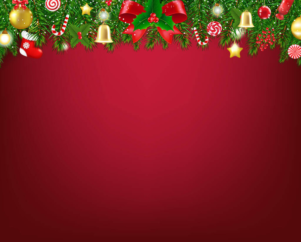Xmas Border With Holly Berry And Red Background - Wektor, obraz