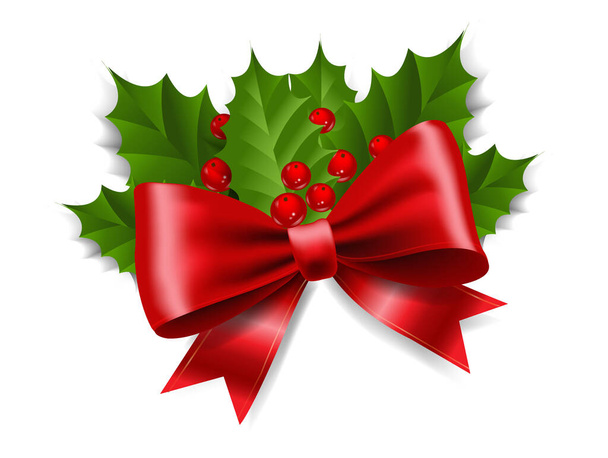 Red Ribbon Bow With Holly Berry Background - Διάνυσμα, εικόνα