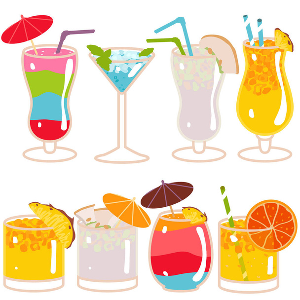 Kollektion von Sommer-Cocktails in flachem Stil isoliert auf weißem Hintergrund Vektor - Vektor, Bild