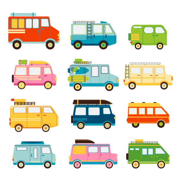 Collection of cars for travel isolated on white background. Comfortable transport. Camping, road trip, van life movement. Vector illustration in flat design style. - Vector, imagen