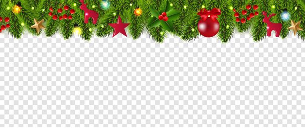 Christmas Fir Tree Border And Christmas Toys Transparent Background - Вектор,изображение