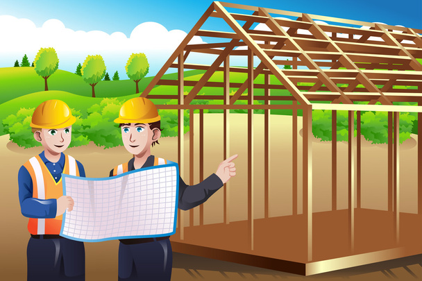 Construction worker discussing blueprint - Vector, Image