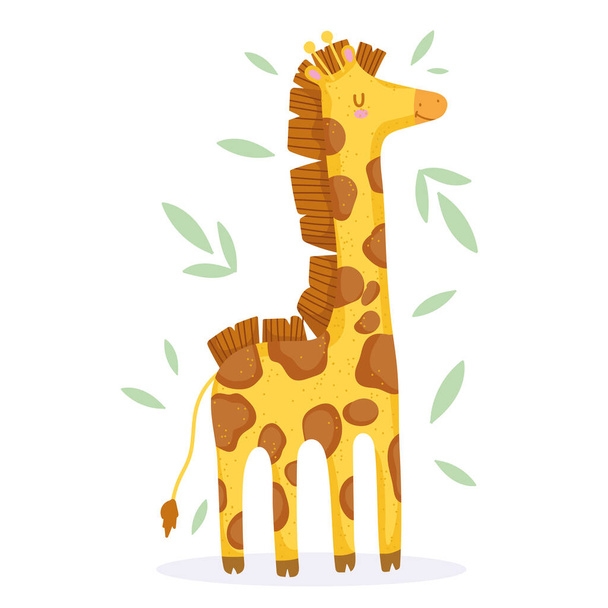 giraffe animal safari cartoon with leaves - Vektori, kuva
