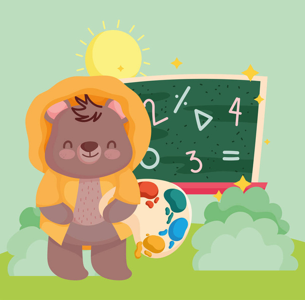 terug naar school, schattige beer met krijtbord en kleurenpalet cartoon - Vector, afbeelding