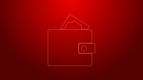 Grüne Linie Brieftasche mit Stapeln Papiergeld Bargeld Symbol isoliert auf rotem Hintergrund. Portemonnaie. Bargeldsparsymbol. 4K Video Motion Grafik Animation - Filmmaterial, Video