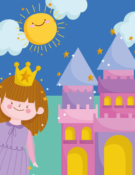 aranyos hercegnő korona és kastély napos nap rajzfilm - Vektor, kép