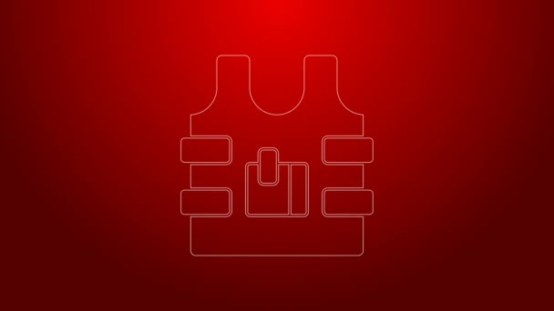 Green line Bulletproof vest for protection from bullets icon isolated on red background. Body armor sign. Military clothing. 4K Video motion graphic animation - Footage, Video