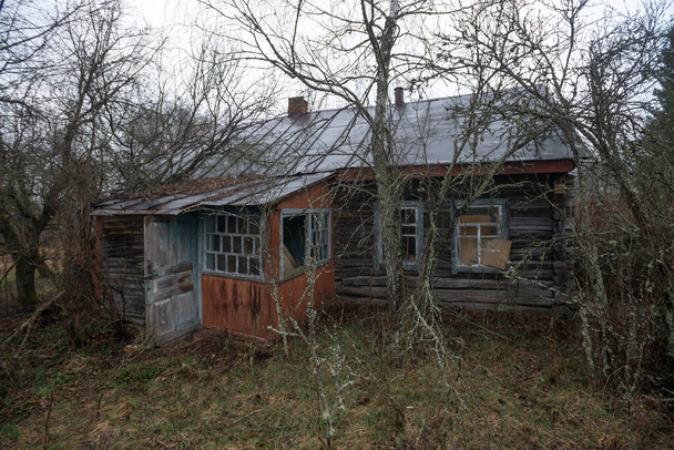 House in abandoned village Mashevo, post apocalyptic landscape, spring season in Chernobyl exclusion zone, Ukraine - Photo, Image