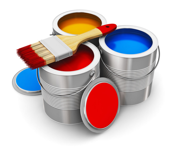 Cans with color paint and paintbrush - Fotó, kép