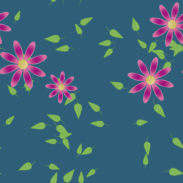 simple flowers with green leaves in free composition, vector illustration - Vector, Imagen