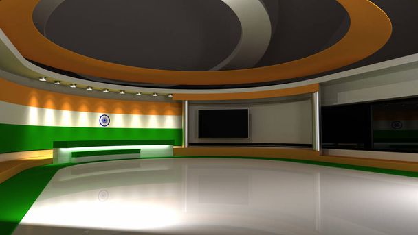 Στούντιο τηλεόρασης. Ινδική σημαία φόντο. Στούντιο ειδήσεων. Ιστορικό για οποιαδήποτε πράσινη οθόνη ή χρωματική βασική παραγωγή βίντεο. 3d καθιστούν. 3d  - Φωτογραφία, εικόνα