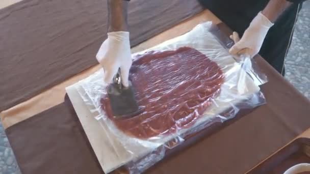 Kokki hakkaamassa lihaa. Lähikuva-kuva - Materiaali, video