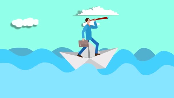 Homme d'affaires mène son bateau de papier dans la vague, concept animation 2d - Séquence, vidéo