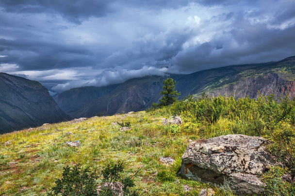 Vue des hautes terres de Chulyshman près de la vallée de la rivière Chulyshman. District d'Ulagansky, République de l'Altaï, Sud de la Sibérie occidentale, Russie - Photo, image