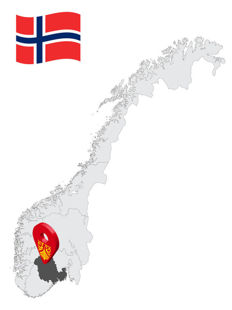 Location Vestfold and Telemark County on map Norway. 3d location sign similar to the flag of  Vestfold and Telemark. Quality map  with regions of  Norway for your design. EPS10. - Vector, Image