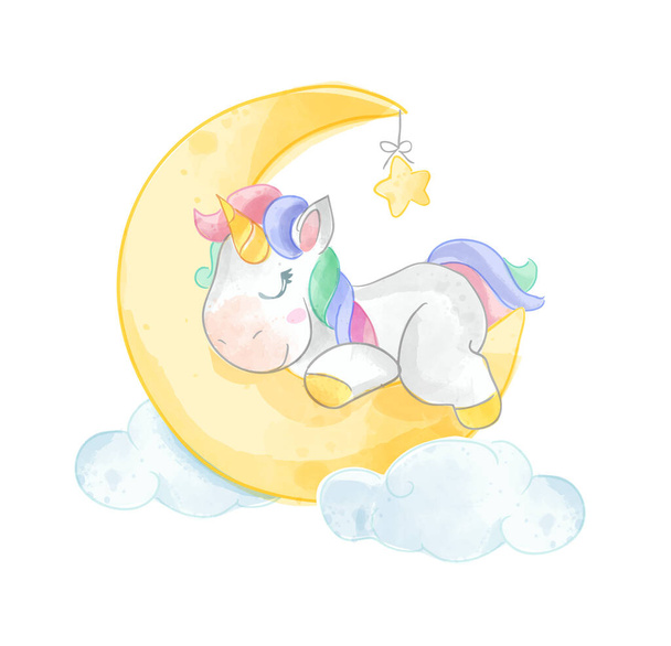 Cute Unicorn Sleeping on the Moon Illustration - Vector, Imagen