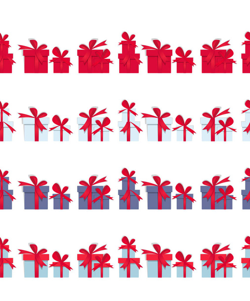 Weihnachtsgeschenkboxen. Horizontale lange nahtlose Muster mit handgezeichneten Schriftzug Frohe Weihnachten. Weihnachtsgeschenke im Scherenschnitt-Stil. Blaue Geschenke mit roten Schleifen und Schleifen. Website-Banner oder - Vektor, Bild