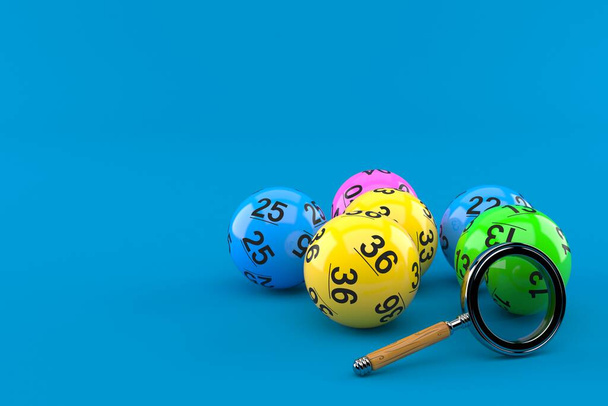 Loterie koule s lupou izolované na modrém pozadí. 3D ilustrace - Fotografie, Obrázek
