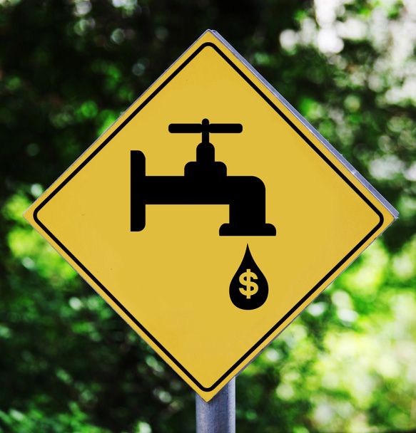 Etichetta stradale gialla con pittogramma del rubinetto che perde
 - Foto, immagini