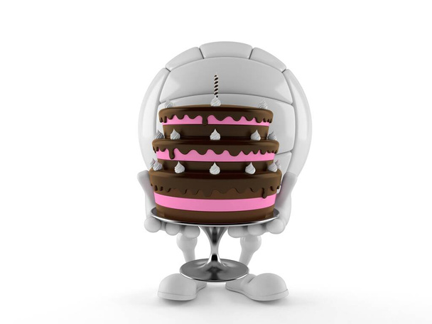 Volley personaggio palla tenendo torta isolata su sfondo bianco. Illustrazione 3d - Foto, immagini