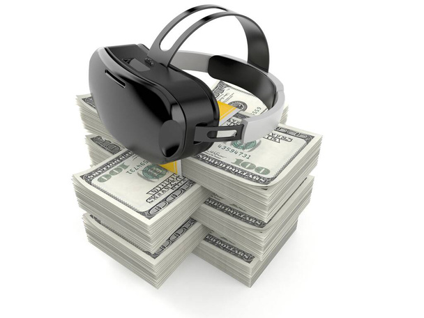 VR гарнитура на стопке денег изолированы на белом фоне. 3d иллюстрация - Фото, изображение