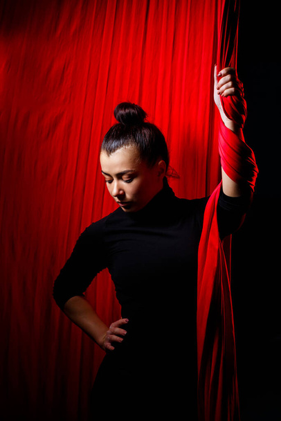 Portrait of a sports girl on a background of red cloths for aerial gymnastics. Studio shooting on a dark background, - Fotografie, Obrázek