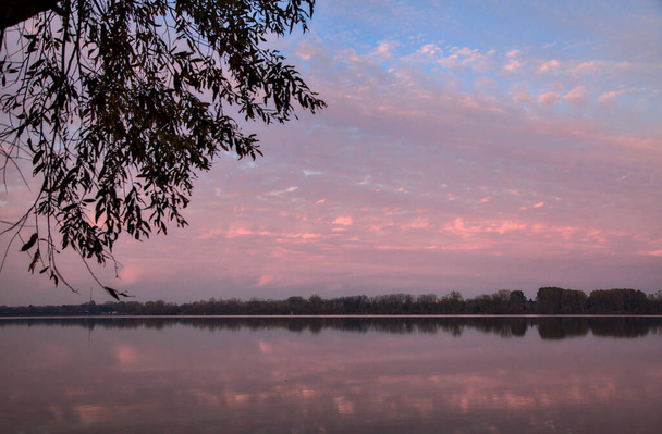 Puita ja kiviä järven rannalla auringonlaskun aikaan syksyllä - Valokuva, kuva