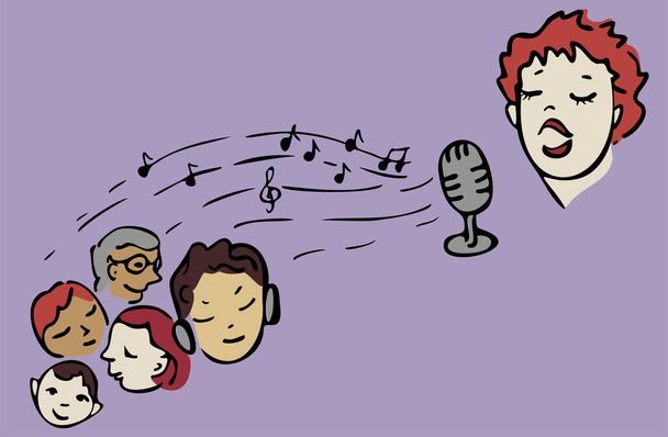 Illustration vectorielle de femmes chantant en studio avec microphone rétro et personnes l'écoutant. Conception pour station de radio ou podcast. - Vecteur, image