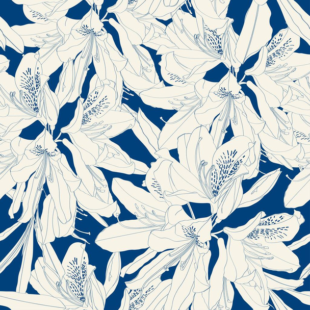 Linea Rhododendron Fiori cosmopoliti, contorno blu su fondo vintage. Modello senza cuciture. - Vettoriali, immagini