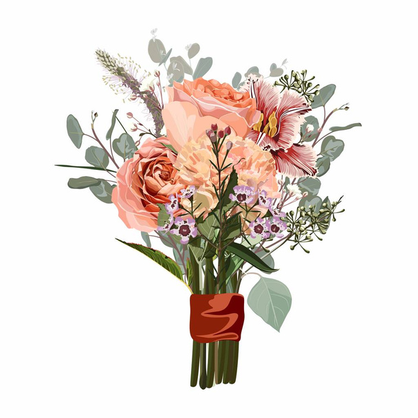 Bouquet of tulips, roses, clove flowers and eucaliptus. Summer bouquet set isolated, woman flowers gift. - Vector, Image