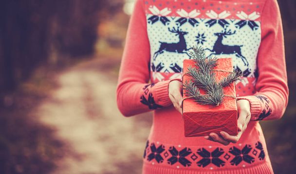 Female Holding Rustic Decorated Christmas Gift with tree branch. christmas present decoration - Photo, Image