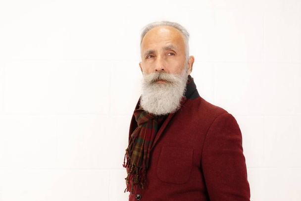 Portrait of stylish senior man in burgundy fashion outfit posing isolated on white background - 写真・画像