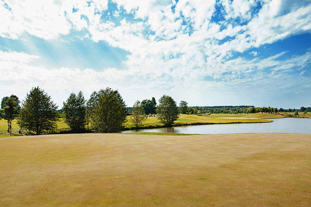 Lac sur le terrain de golf. Beau faisan, ciel nuageux bleu, arbres et buissons sur le terrain de golf. - Photo, image