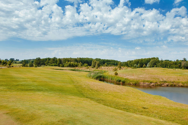 Lake on the golf course. Beautiful pheasant, blue cloudy sky, trees and bushes on the golf course. - Фото, зображення