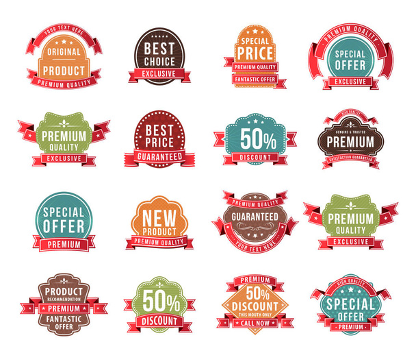 Flat Modern High Quality Labels with Ribbons on Solid Background. Vector Isolated Illustration. - Vektori, kuva