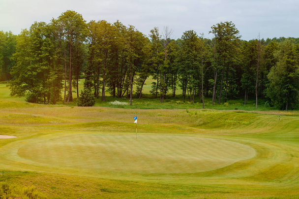 Летний пейзаж на поле для гольфа с травой, цветами и облачным голубым небом. - Фото, изображение
