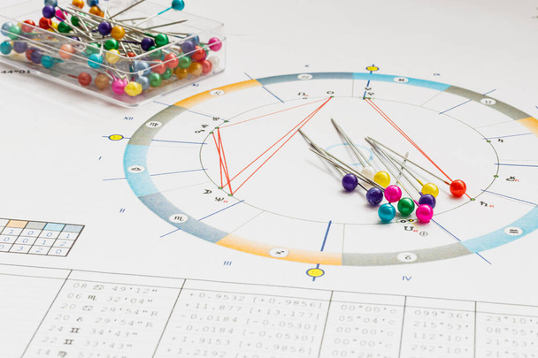 Workplace of a modern astrologer. Scattered on the table are printouts of astrological charts, tables. Decorative pins with brightly colored heads. - 写真・画像