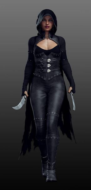 Fantasy Goth Assassin en cuero negro con capucha capa y cuchillas - Foto, Imagen
