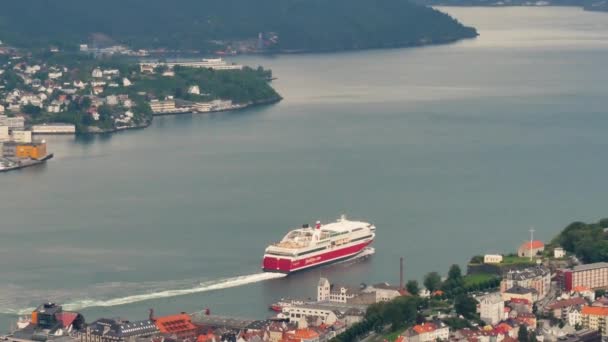 Norveç 'in Bergen şehrinden kalkan yolcu gemisi Norveç fiyortlarında bulutlu gri bir gün geçiriyor. - Video, Çekim