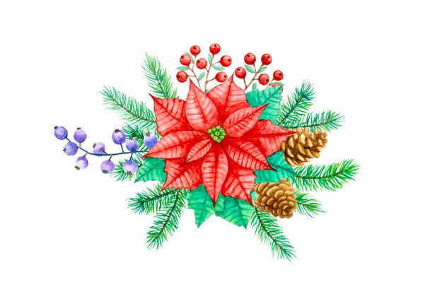 Arreglo de ramo de flores de Navidad acuarela pintura ilustración sobre fondo blanco con ruta de recorte, composición floral de flor roja estrella Poinsettia, hoja de pino verde y cono, fruta de la baya - Foto, imagen