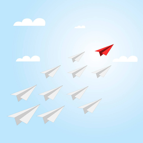 レッドペーパープレーンはビジネスチームをリードしています。紙飛行機のベクトル飛行と成功へのチームに従ってください。イラストビジョンビジネスコンテスト経営陣のモチベーション - ベクター画像